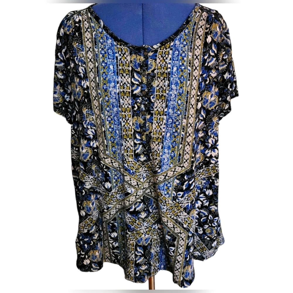 Lucky Brand Top 2X Womens Short Sleeve Crew Neck Bohemian Blue green cotton